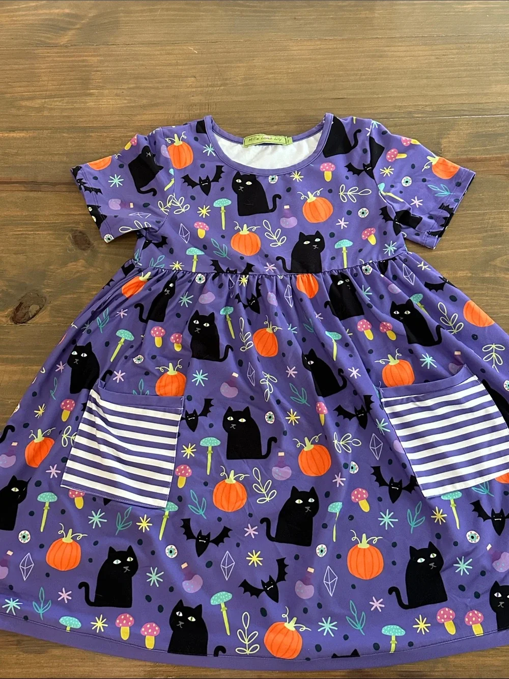 Girls Purple Halloween Cat & Pumpkin Dress with Striped Pockets